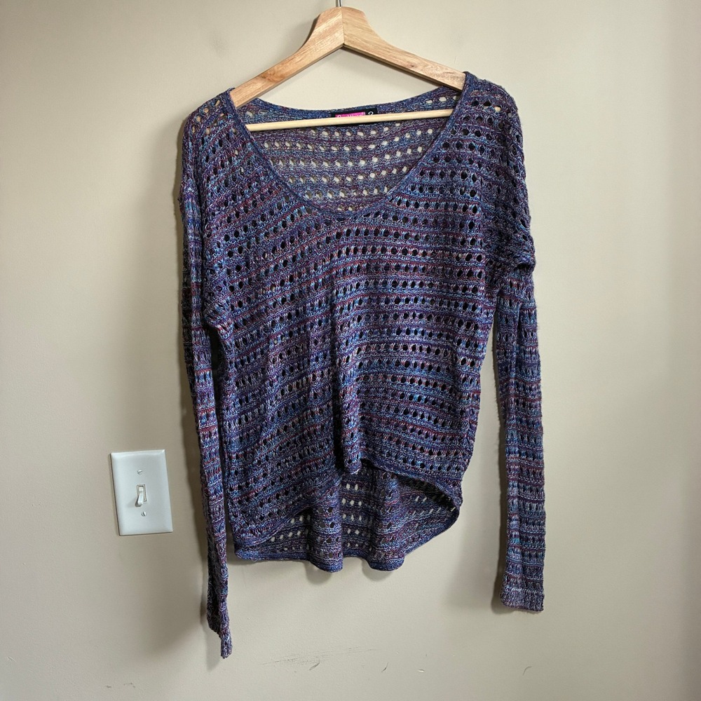 Say What Vintage Open Knit Space Dye Sweater M Purple Multi Crochet Layering